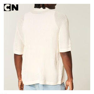 Suéter con Certificación GRS, Fabricante de Suéteres, Logotipo Personalizado, Suéter de Hombre de Algodón y Poliéster, Cuello Polo, Cárdigan, Manga Corta, Camisa de Ganchillo - Product Image 4