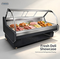 Vitrine réfrigérée professionnelle pour charcuterie avec porte arrière, refroidissement direct et verre panoramique pour supermarché commercial et délicatessen