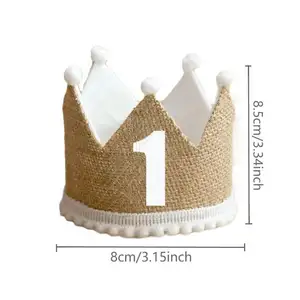 Ecowalson topi pesta ulang tahun bayi, ikat kepala Linen bayi mahkota goni 1 2 3 4 5 6 7 8 9 tahun 100 tahun dewasa