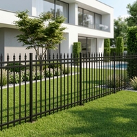 Panneau de clôture en acier galvanisé noir mat à 3 rails pour villa moderne blanche, piscine bleue, balcon en verre, périmètre de jardin