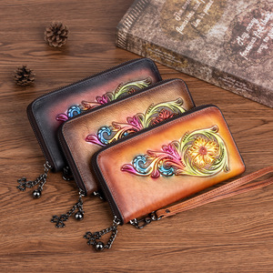 Ando Bag Portefeuille long en cuir véritable gaufré à motifs floraux colorés pour femme, style vintage, avec fermeture éclair et dragonne - Product Image 1