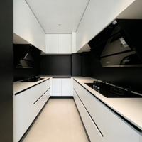 Cuisine moderne modulaire de luxe avec plan de travail en bois et quartz artificiel, finition acrylique pour appartement