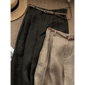 <span class=keywords><strong>Pantaloni</strong></span> Casual da <span class=keywords><strong>Donna</strong></span> in <span class=keywords><strong>Lino</strong></span> Khaki Stile Old Money Personalizzati, a Gamba Larga, Vita Alta, Vintage, con Pieghe Frontali, Vestibilità Rilassata e Gamba Dritta - Product Image 4