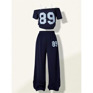 FOXA Girl's 2 Piece Summer Outfit Short Sleeve off Shoulder Jersey <b>Top</b> and Sweatpants Set Breathable Knitted Sporty Style - Product Image 5