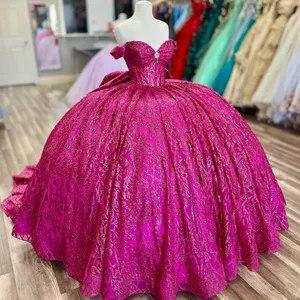 Mumuleo fuşya Glitter quincedresses elbiseler balo kapalı omuz boncuk tül korse Vestidos 15 De XV Anos