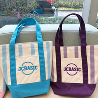 Sac fourre-tout en toile à rayures de couleur bonbon, personnalisé avec broderie, nouveau design, avec soufflet de fond et poche avant pour le shopping
