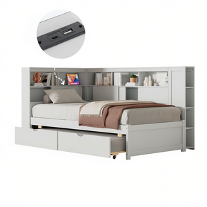 Divano letto singolo in legno con ripiani portaoggetti e porta USB, include letto estraibile - Product Image 1