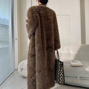 Abrigo largo maxi de piel sintética con ribete de piel para mujer, chaqueta larga de piel sintética lisa para invierno - Product Image 5