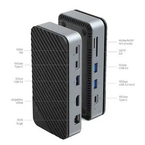 ORICO M.2 NVMe và SATA SSD HDD bao vây Docking Station USB C 10Gbps PD 100W RJ45 SD/TF 4K 10-in-1 Docking Station cho máy tính xách tay