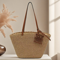 Sac fourre-tout décontracté à une épaule de grande capacité sac tissé à la main sac en bois marque paille papier tissé corde ouvert vacances polyester