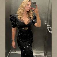 Robe imprimée pour femmes européennes et américaines, robe mi-longue ou longue sexy à col en V avec dentelle, cintrée à la taille, flatteuse pour la silhouette