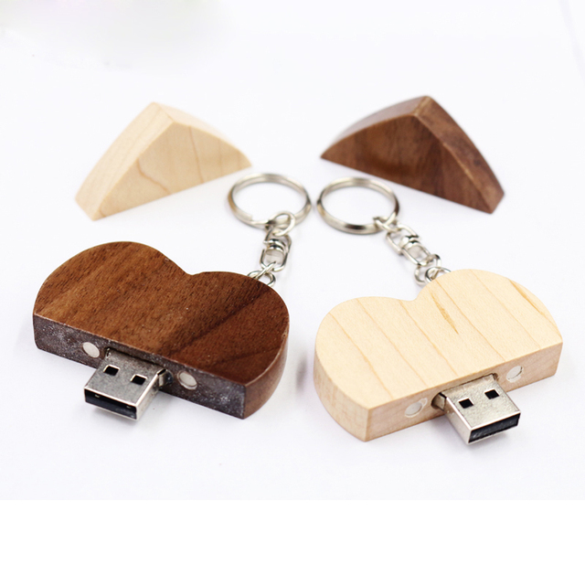 Customized Logo Heart Shape Keychain Wooden USB Flash Drive 2.0 Wedding Gift 8GB 16GB USB Memory Stick Mini Pen Drive 32GB 64GB