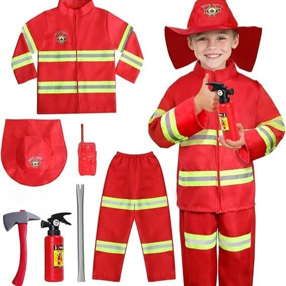 Kids Firefighter Halloween Costume Set Fireman Uniform Jacket Hat Pants Props Axe Unisex Role Play Cosplay Party Outfit