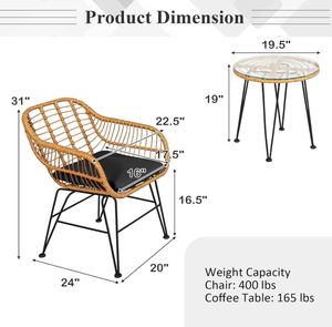 Set di Mobili in Rattan Popolare con 2 Poltrone Imbottite <span class=keywords><strong>e</strong></span> <span class=keywords><strong>Tavolino</strong></span> Rotondo in Vetro per Uso Esterno su <span class=keywords><strong>Balcone</strong></span> o Giardino - Product Image 2