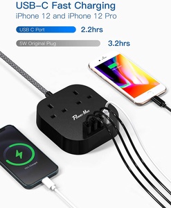 Gmark CE UKCA Approved Double Socket <strong>USB</strong> <strong>Extension</strong> <strong>Lead</strong> , 13A Fused UK Plug Adapter, 1 Metre <strong>Extension</strong> Cable Power Strip - Black - Product Image 2