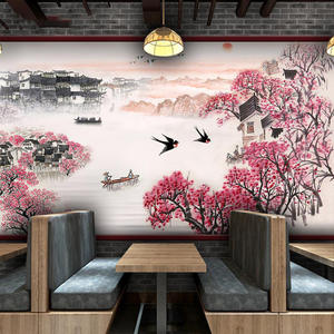 Encre de Chine Paysage Peinture Hôtel Papier Peint Eau Ville Fond Papier Peint Hot <span class=keywords><strong>Pot</strong></span> Restaurant Chambre Privée Décoration Murale - Product Image 1