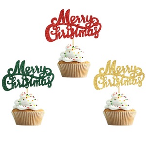 Sparkling Red Merry Christmas Cake Decoration <b>Stickers</b> for Festive Holiday <b>Parties</b> Personalized Glitter Plugin Decorations - Product Image 1