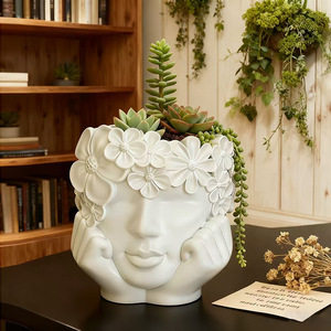 <span class=keywords><strong>Pot</strong></span> de fleurs succulentes style nordique avec figurine de fille tenant un visage entre ses mains, ornement décoratif de jardin pour plantes paysagères - Product Image 1
