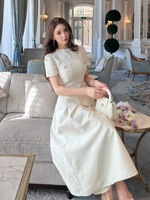 Robe longue élégante pour femme, style français haut de gamme, en cristal, à manches courtes, coupe ajustée, blanche, nouvelle mode