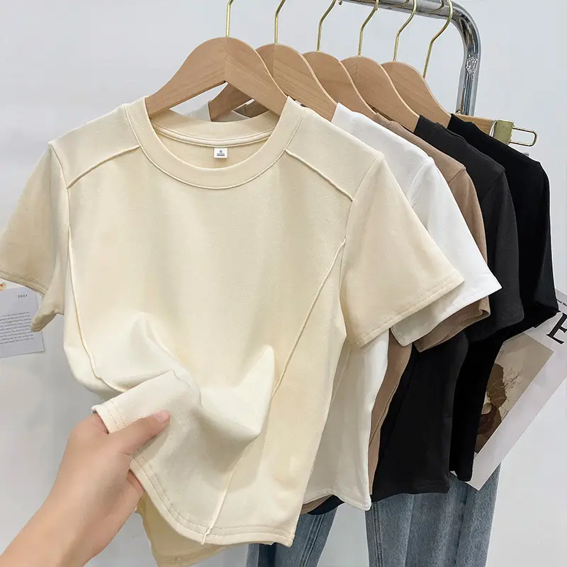 Solid color Crew Neck raglan seam Short sleeve T-shirt female 2023 summer fish bone stylish women's Classic Basic Tshirts