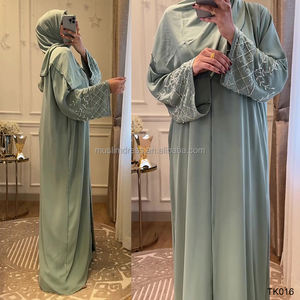 عباية نسائية فاخرة بلون سادة بتصميم دبي، ثوب للعيد والحج بأكمام طويلة، ملابس محتشمة بتطريز يدوي بالخرز، زي إسلامي تقليدي - Product Image 2