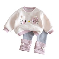 Ensemble deux pièces doublé polaire motif chat de dessin animé pour filles, sweat-shirt épais et leggings doux automne-hiver pour bébés filles