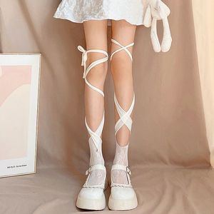 Lace Up Lolita Socks Mid Calf Split Toe Ultra Thin 0D Nylon Solid Color For Women Summer 2023 - Product Image 3