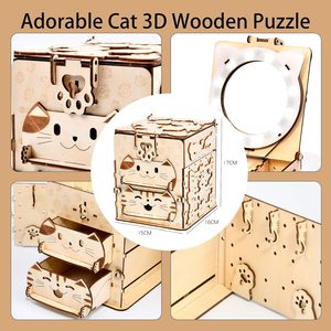 <strong>DIY</strong> Wood Cat Model Kits with Glowing Mirror Brain Teaser Hobby Building <strong>Projects</strong> Jewelry <strong>Box</strong> 3D Puzzles for Adult &amp; Teens - Product Image 2