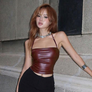 Top Corto Informal con Logotipo Personalizado para Mujer, Top Halter Rojo de Cuero PU sin Mangas, Camiseta Sexy para Club, Venta al por Mayor de Fábrica - Product Image 2