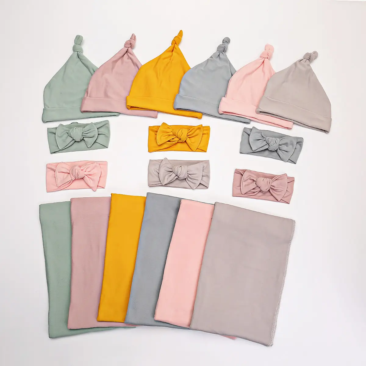 Soft Cotton Solid Color Plain Design Newborn Baby Swaddle Wrap Blanket Bedding With Beanie Hat Headband Set