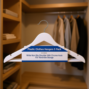Plastic Clothes Hangers 5 Pack White Non Slip Shoulder With <b>Chrome</b> <b>Hook</b> For Wardrobe Storage - Product Image 3