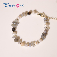 BESTONE Bracelet à cordon de perle de boule à facettes naturelle Bracelet d'améthyste de grenat irrégulier de pierre de lune grise naturelle