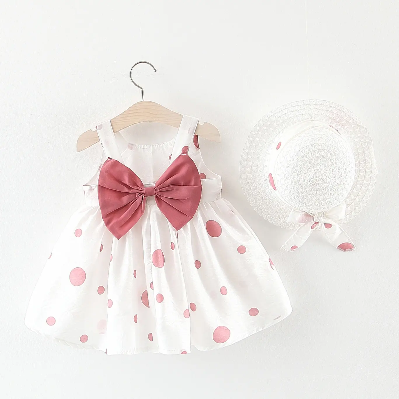 Hot Selling Summer Cute Dot Big Bow Sleeveless A-Line Cotton Infant Toddlers Clothing Girls Dresses With Hat