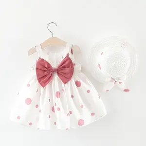 Hot Selling Zomer Leuke Dot Grote Boog Mouwloze A-lijn Katoenen Baby Peuters Kleding Meisjes Jurken Met Hoed