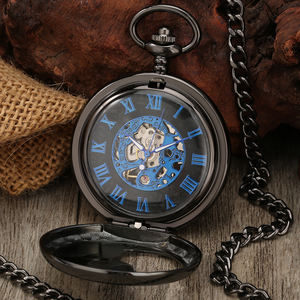 <span class=keywords><strong>Ebay</strong></span> en çok satan siyah tavuskuşu Hollow mavi roma iskelet Steampunk mekanik cep saati ve zincir yarım avcı cep saati - Product Image 2