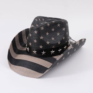 Moda de alta calidad de paja de papel al por mayor sombrero de vaquero de ala ancha con forma de ala ancha Bandera de EE. UU. Stipple impreso adultos sombreros de sol - Product Image 5