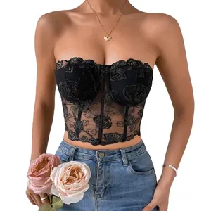 Customized Hot Sale Sexy Lace Wrap Chest Women'S Vest Mesh Rose Prom Party Style Solid Color Keel Tank Top