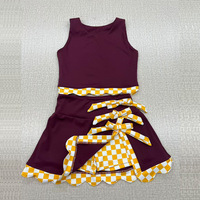 Ensemble 2 pièces personnalisé pour femmes et jeunes filles, style sport, à carreaux vichy, avec robe sans manches et jupe à volants, en satin, coupe moulante, très élastique, style estival et élégant