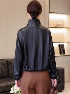 <strong>Petite</strong> <strong>Women</strong> Sheep <strong>Leather</strong> <strong>Jacket</strong> Short Cropped Zip up <strong>Jacket</strong> Lapel Collar Korean Style Spring Autumn - Product Image 3