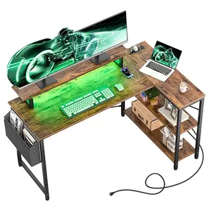 एलईडी स्ट्रिप और पावर स्ट्रिप के साथ लक्जरी एल-आकार का कंप्यूटर डेस्क, घरेलू अध्ययन के लिए आधुनिक लकड़ी और धातु डिजाइन हच शेल्फ और बुकशेल्फ़