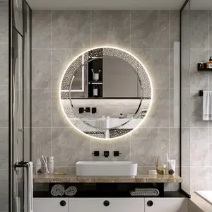 Cermin lampu latar pintar LED bulat besar, ukiran Laser anti-kabut waktu cermin kamar mandi pemodelan kreatif