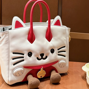 Bolsa Transversal de Pelúcia Dobrável e Portátil de Couro Microfibra Impermeável com Gato Branco Fofo e Gato da Sorte de Desenho Animado - Product Image 1