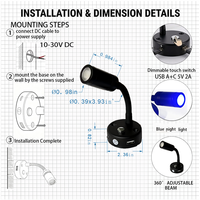 Lampe de lecture RV 2W LED à col de cygne, murale, tactile, à intensité variable en continu 4000K avec veilleuse bleue, ports USB-C et USB-A, 10-30V DC