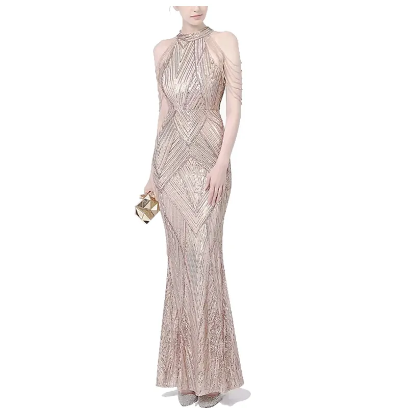 2022 New Arrivals Women Elegant Halter Neck Sparkly Sequined Fishtail Maxi Banquet Evening Dress