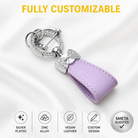 Porte-clés de luxe personnalisé avec nœud en strass, anneau en métal argenté, sangle en cuir violet, cadeau tendance, vente en gros OEM, directement de l'usine