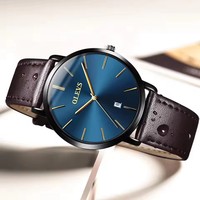 SKED Montre à quartz élégante pour femme, boîtier rond de 36 mm, cadran bleu, bracelet en cuir ton or rose, affichage analogique, fine de 6,5 mm, 5869