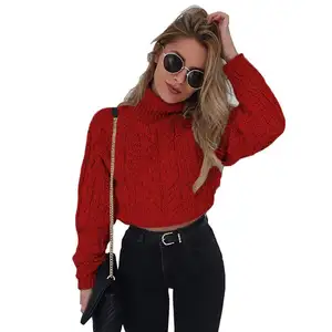 Nuova moda donna ragazze Sexy Crop top collo alto Slim manica lunga Casual tinta unita maglia spessa Pullover maglione corto