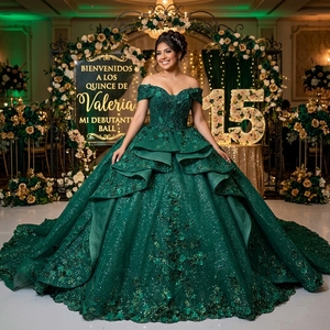 Lsany277 Dark Green Quinceanera Ball Gown Sequined Tiered <b>Ruffle</b> Floral Applique <b>Dress</b> With Train For Sweet 15 Jancember - Product Image 1