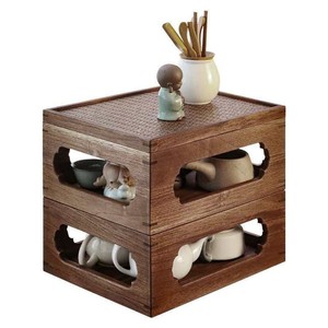 Table à thé de style chinois ajourée, plateau rectangulaire empilable en rotin avec rangement pour salon de thé ou bureau - Product Image 5