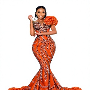 Vestido de Noche de Lujo Hecho a Mano con Cuentas Naranjas Estilo Sirena para Fiesta, Vestido de Gala Personalizado con Hombros de Flores, Tallas Grandes - Product Image 3